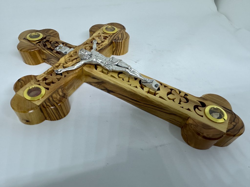 Olive Wood Crucifix with Red Foil Pearl Backing 2