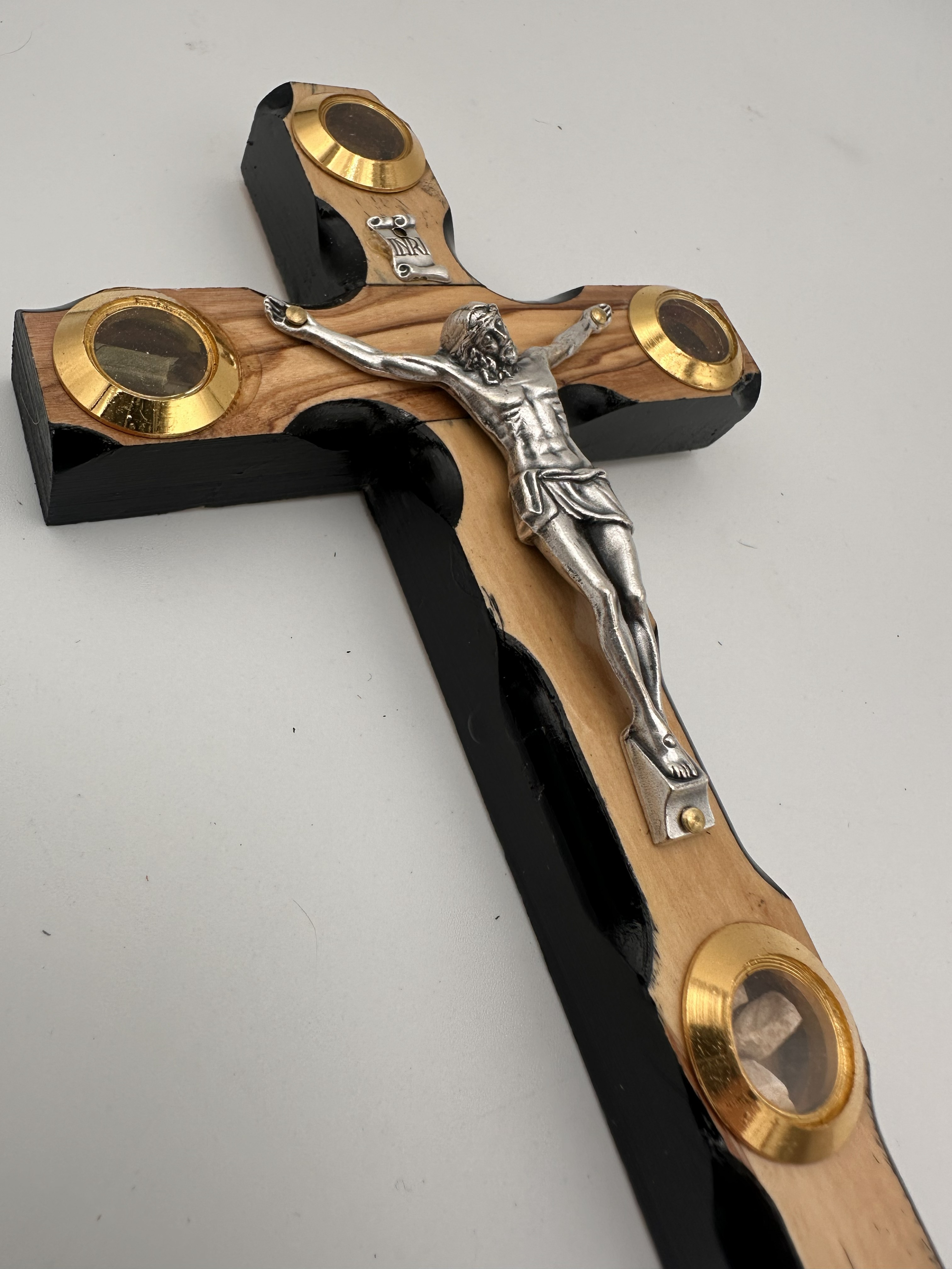Olive Wood Crucifix with Holy Land Reliquaries & Stations of the Cross, Black Edges (6x4 in) 3