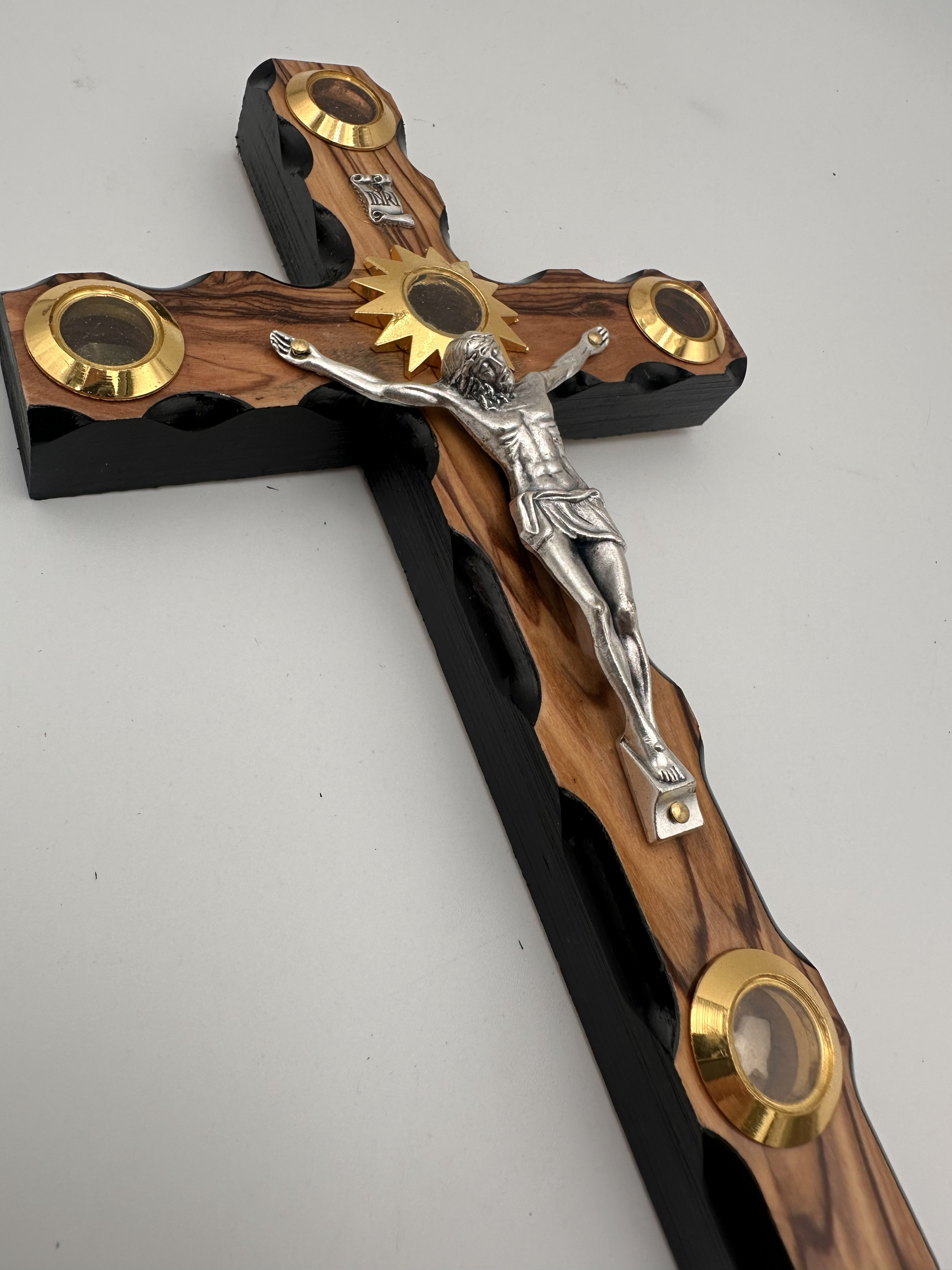 Olive Wood Crucifix with Holy Land Reliquaries & Stations of the Cross, Black Edges (8x5 in) 3