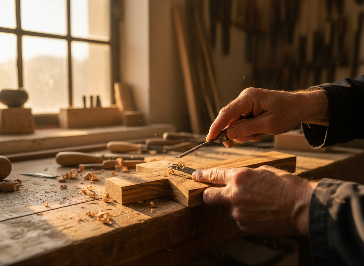 Artisan hands carving olive wood in a Bethlehem workshop