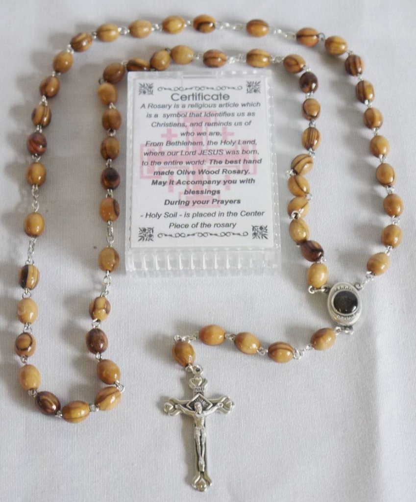 Olive Wood Rosary with Holy Soil, 20 inches