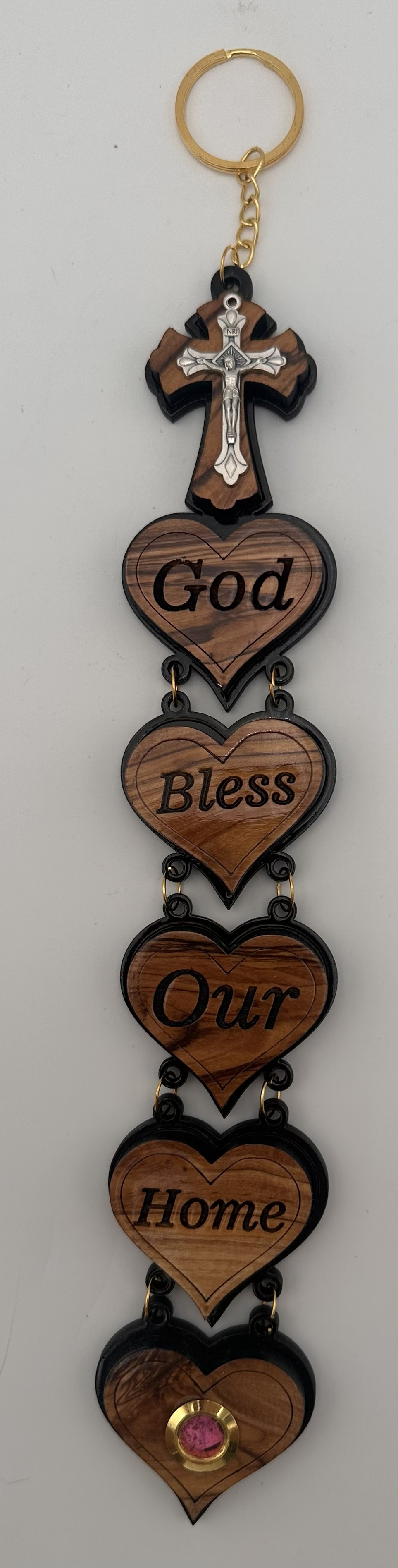 Olive Wood Plaque with Holy Land Element & Crucifix, 'God Bless Our Home' (12x2 in)