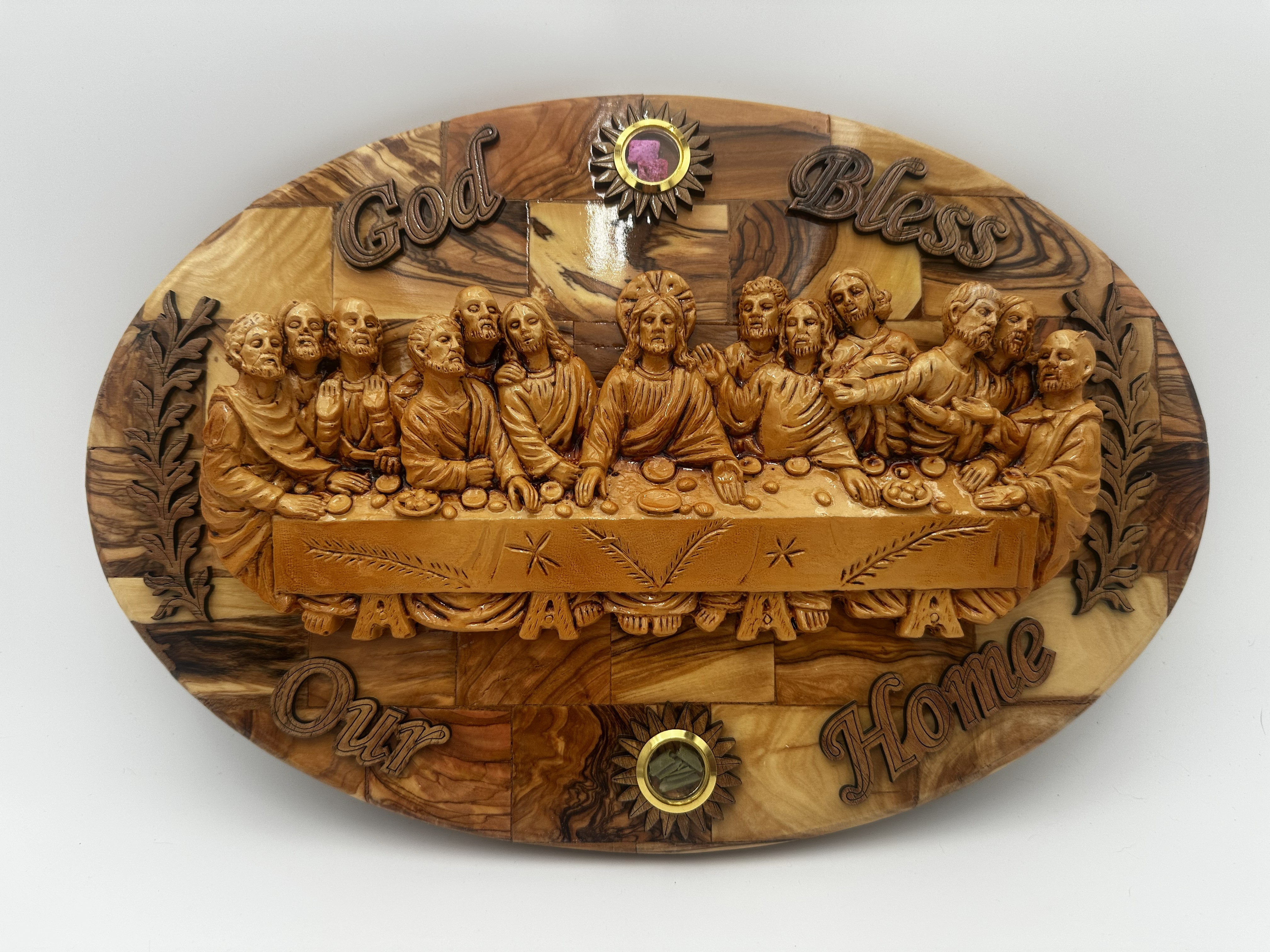 Olive Wood Last Supper "God Bless Our Home" Plaque (14 x 9 in)