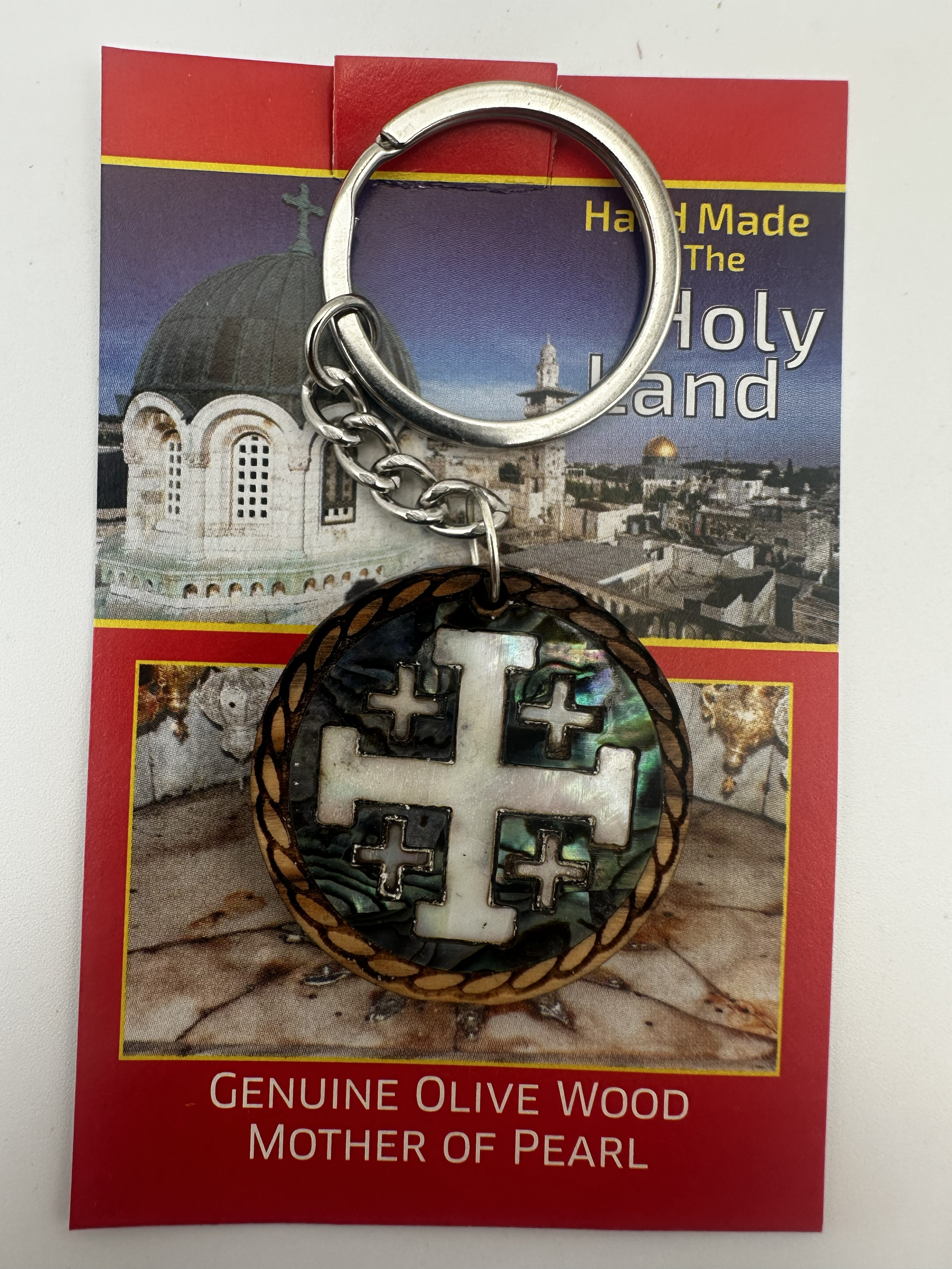 Olive Wood & Mother of Pearl Jerusalem Cross Key Chain