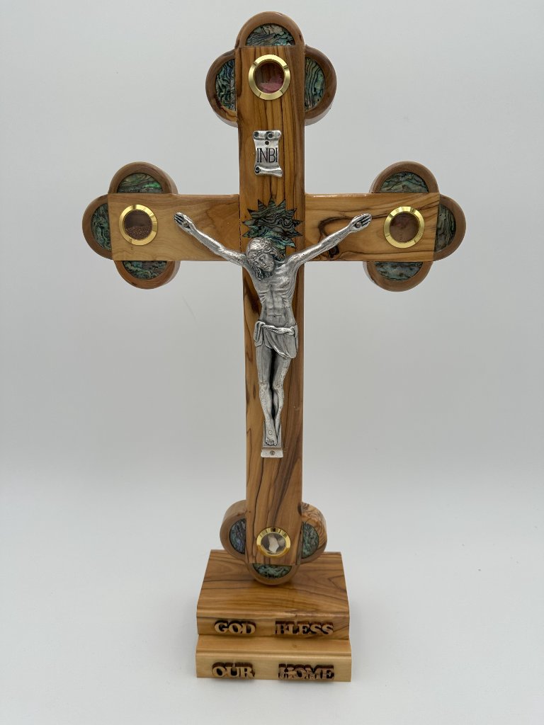 Olive Wood with Mother of Pearl Crucifix with a stand