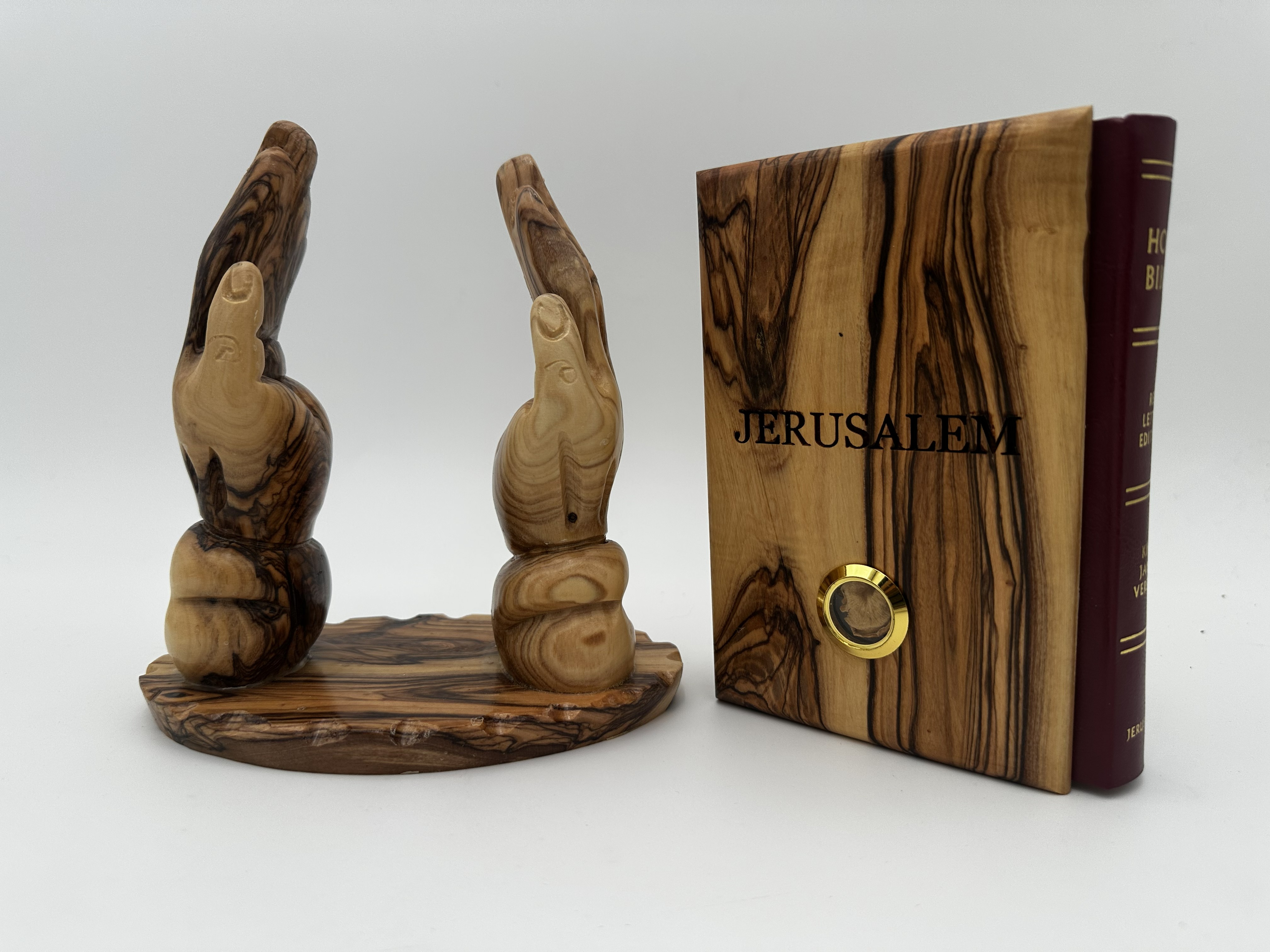 Holy Bible with Olive Wood Praying Hands Holder 5