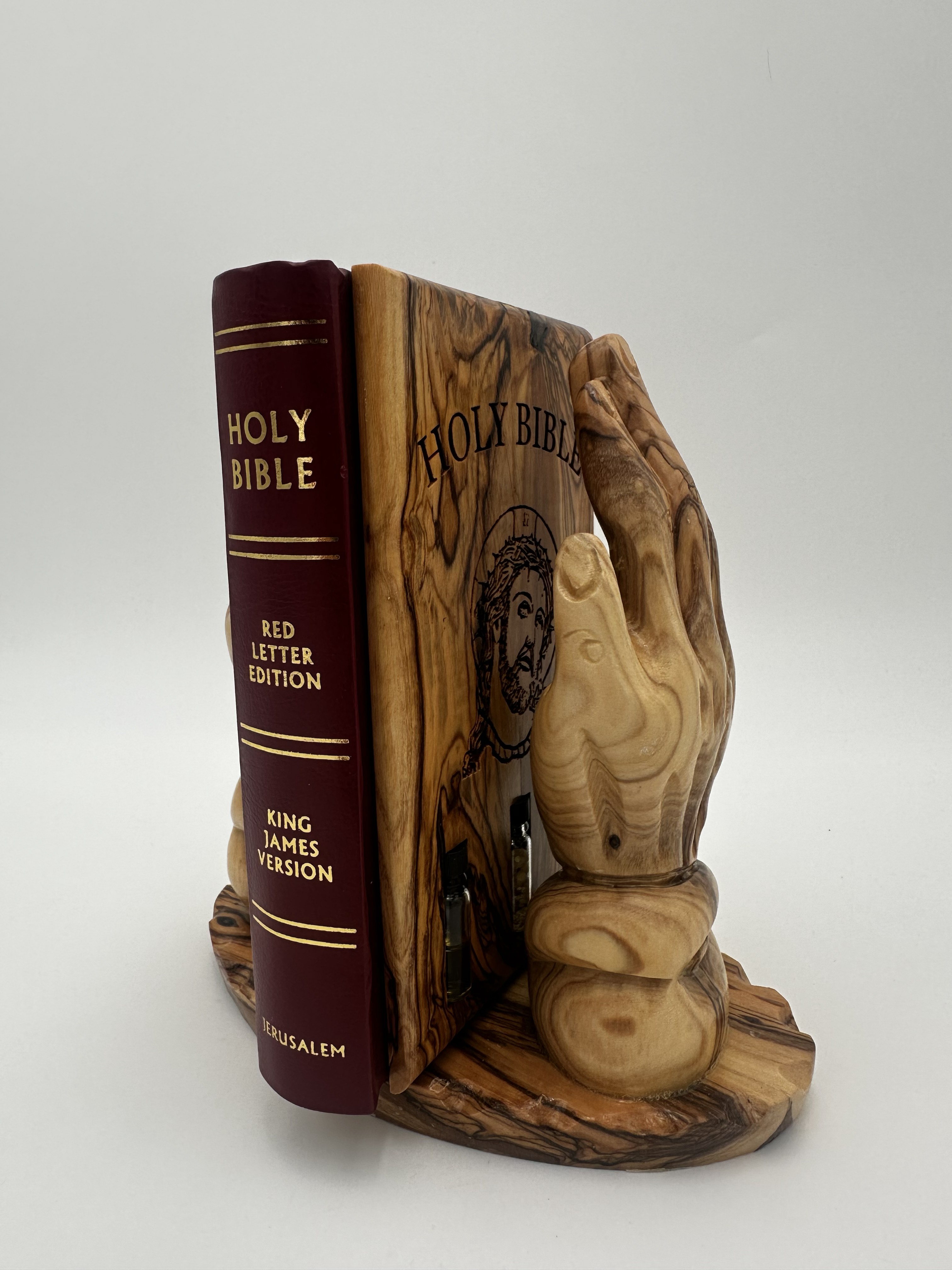Holy Bible with Olive Wood Praying Hands Holder 2