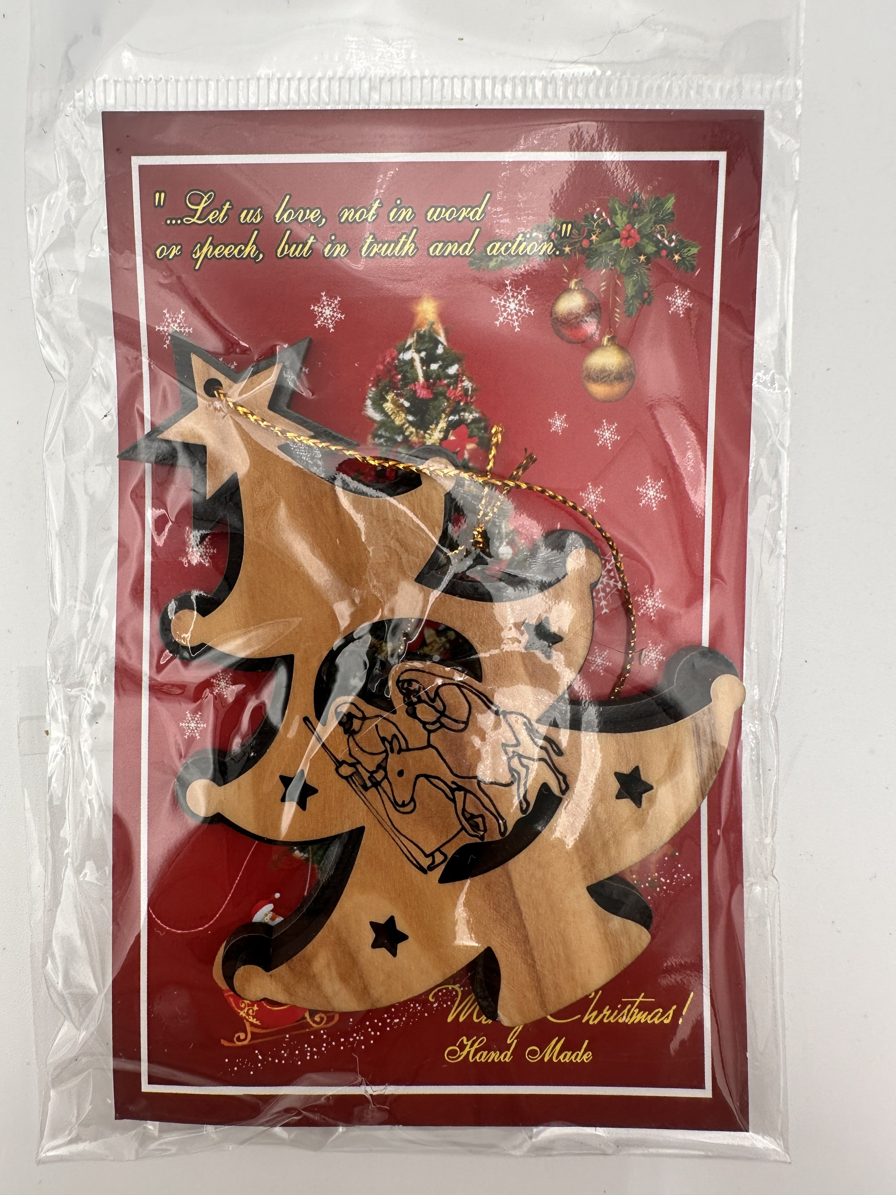 Olive Wood Christmas Ornaments, Bethlehem Hand-Made (3x3 in, 6 designs)