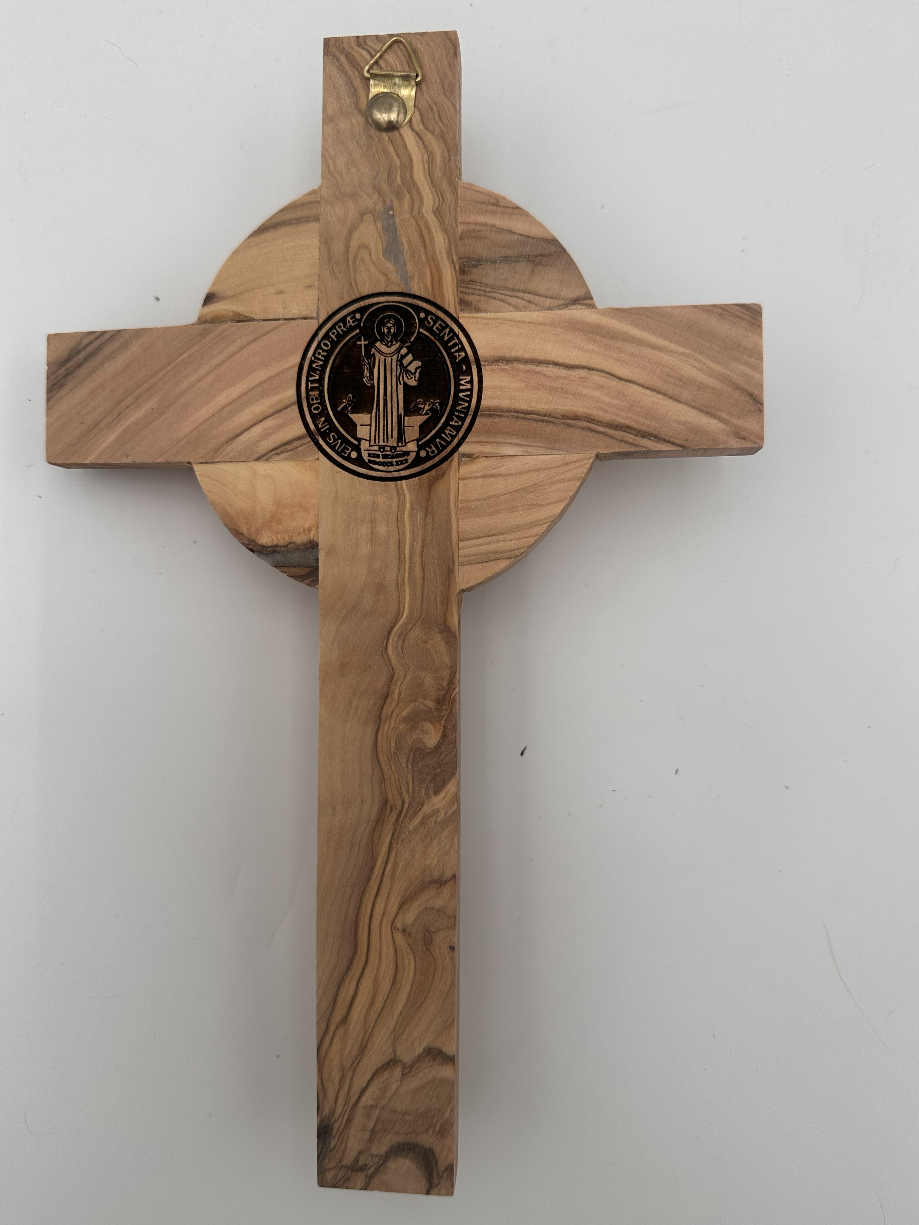 Olive Wood Benedictine Crucifix with Holy Land Reliquaries, Black Edges (10x6 in) 2