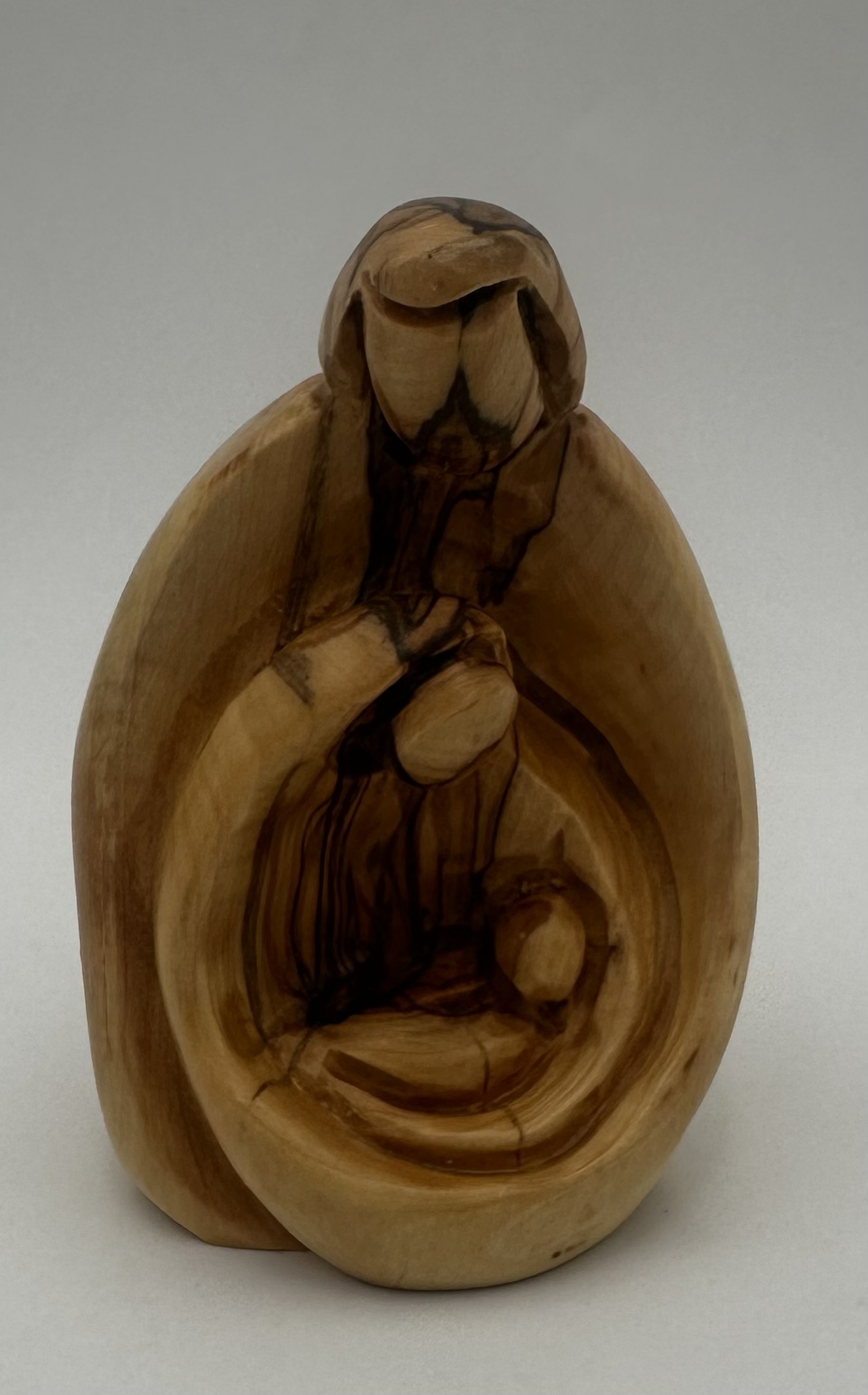 Olive Wood Holy Family Statue — Rounded Embrace (4 x 3 in)