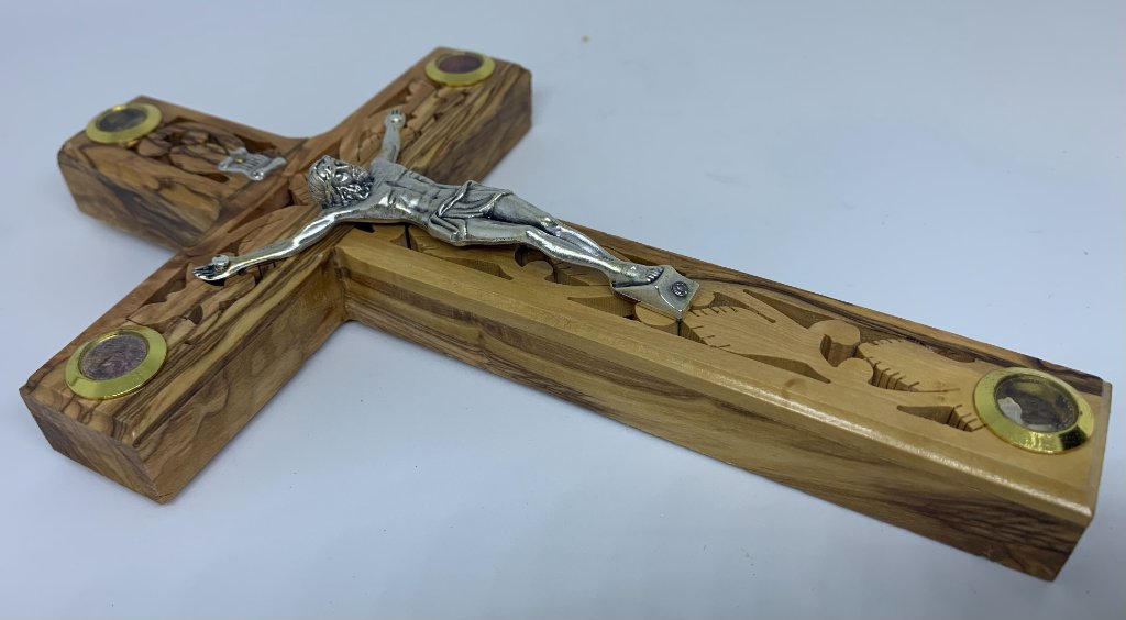 Olive Wood Crucifix with Holy Land Elements 3