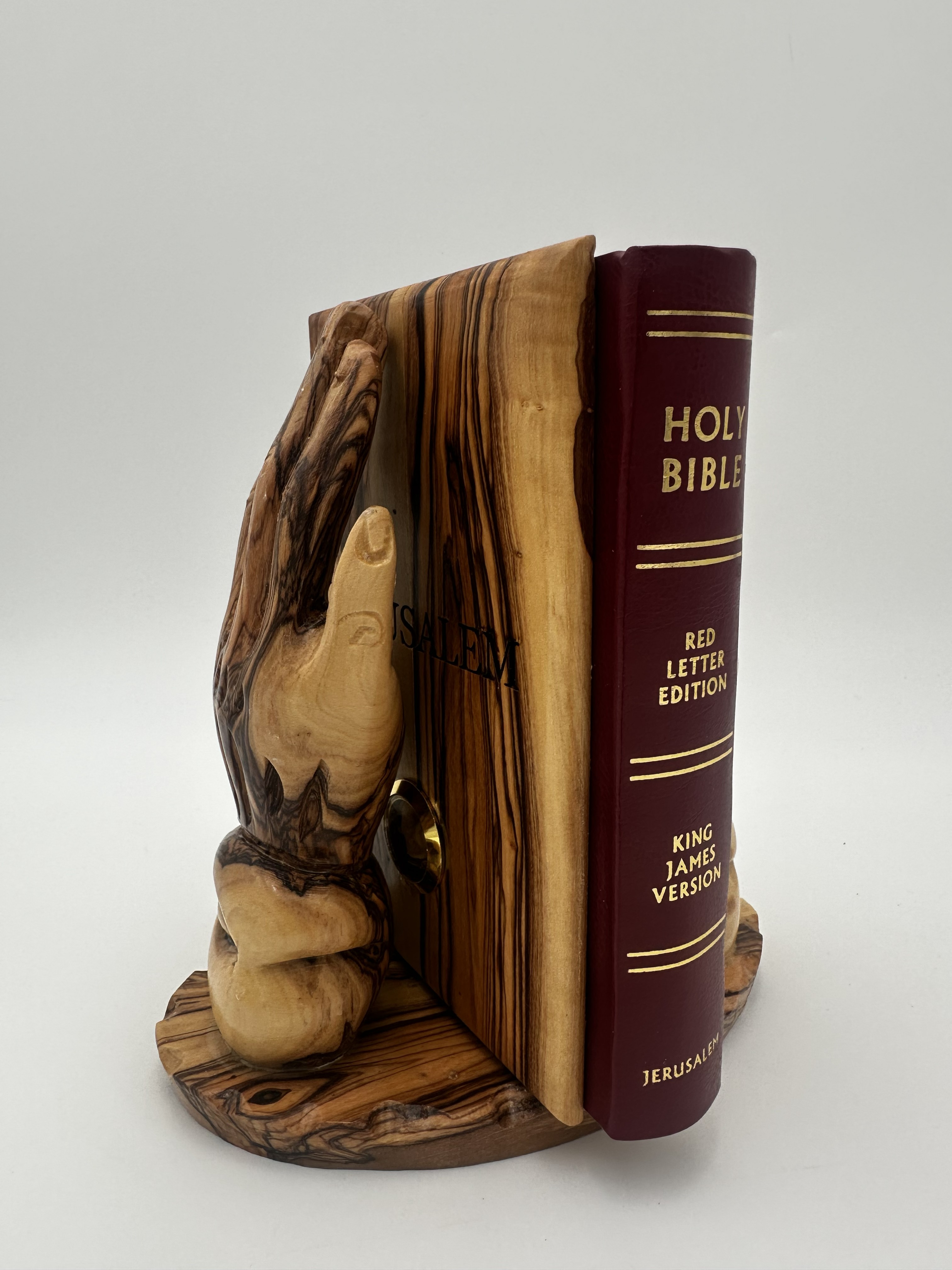 Holy Bible with Olive Wood Praying Hands Holder