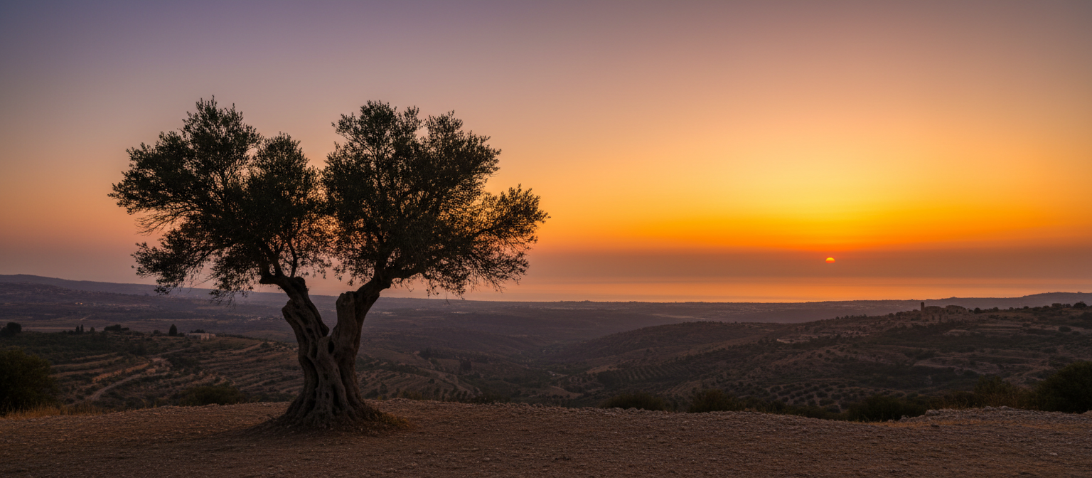 Sunset horizon over the Holy Land with a silhouetted olive tree