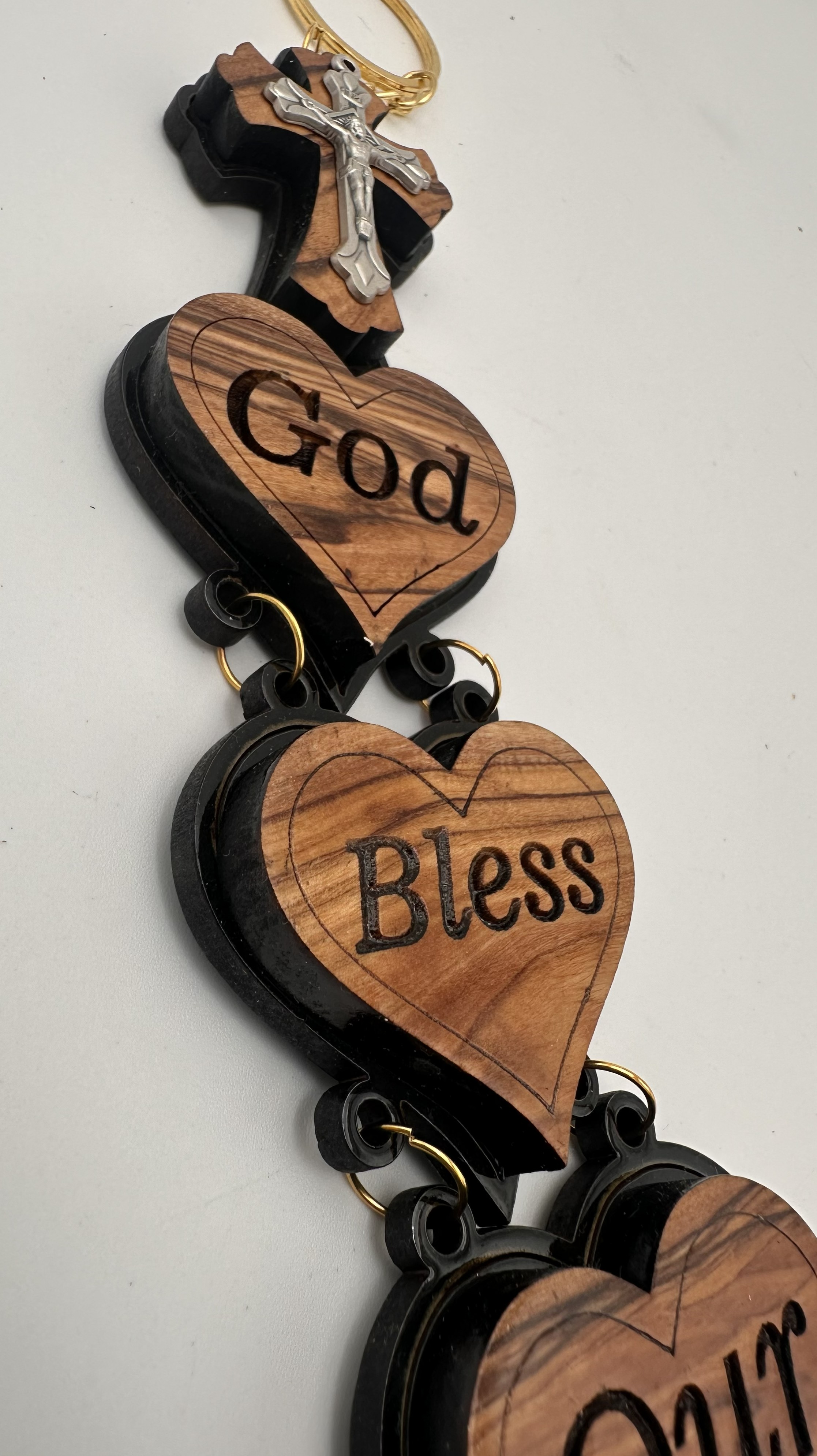 Olive Wood Plaque with Holy Land Element & Crucifix, 'God Bless Our Home' (12x2 in) 2