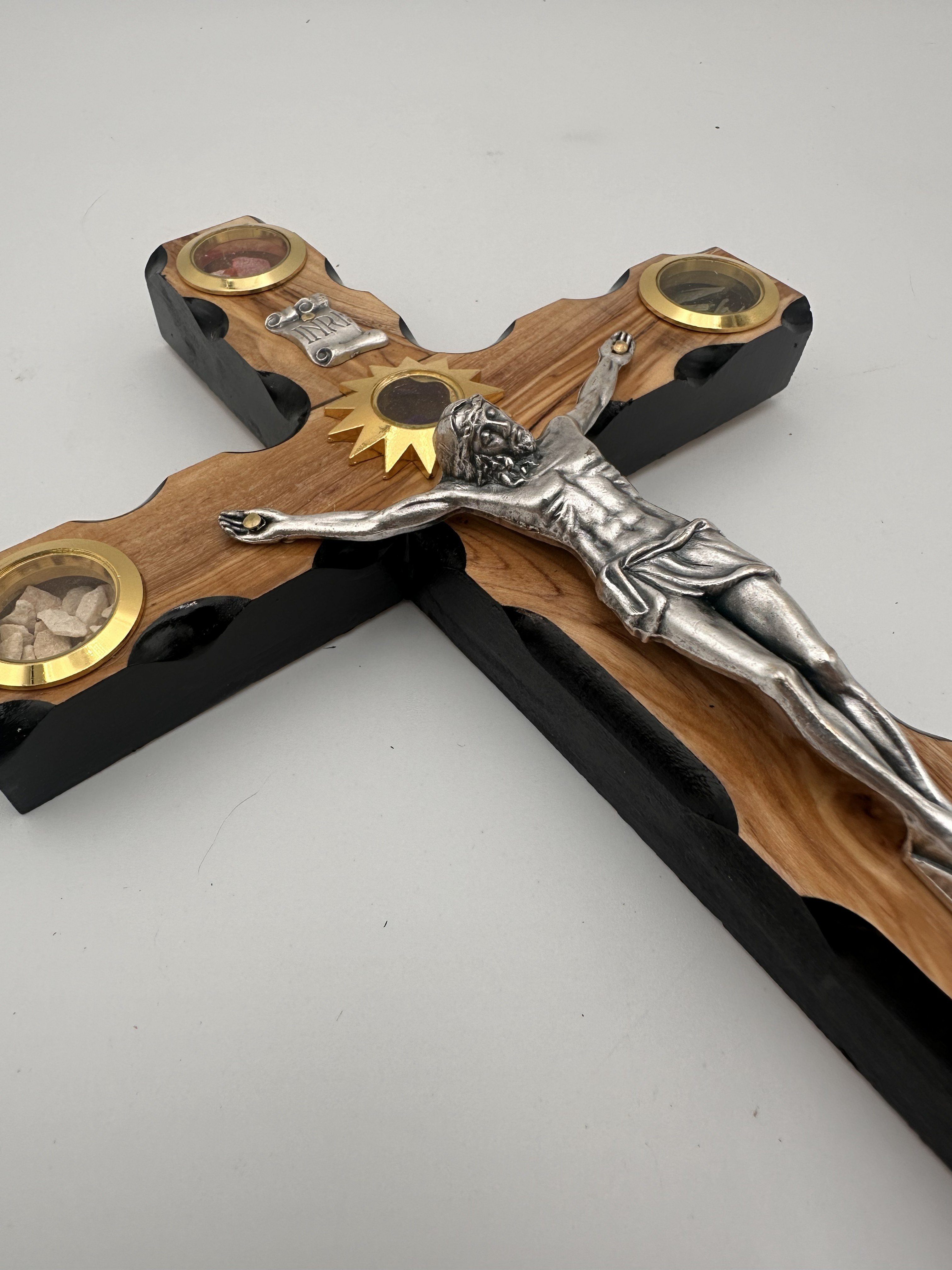 Olive Wood Crucifix with Holy Land Reliquaries & Stations of the Cross, Black Edges (10x6 in)