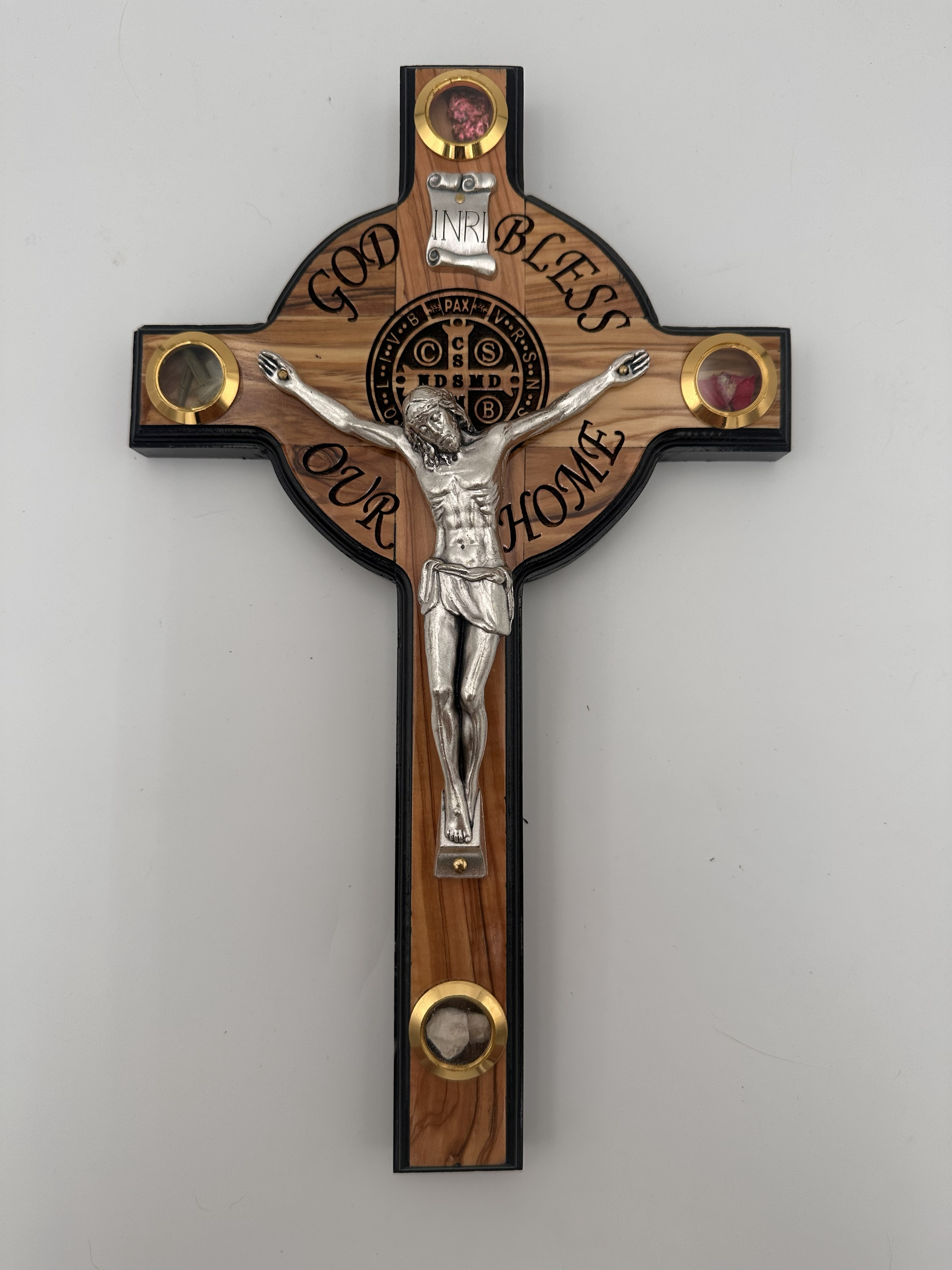 Olive Wood Benedictine Crucifix with Holy Land Reliquaries, Black Edges