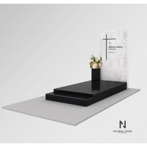 Kolekcja 2025 Bianco Carrara. Klasyczny nagrobek w bieli i czerni z krzyżem.