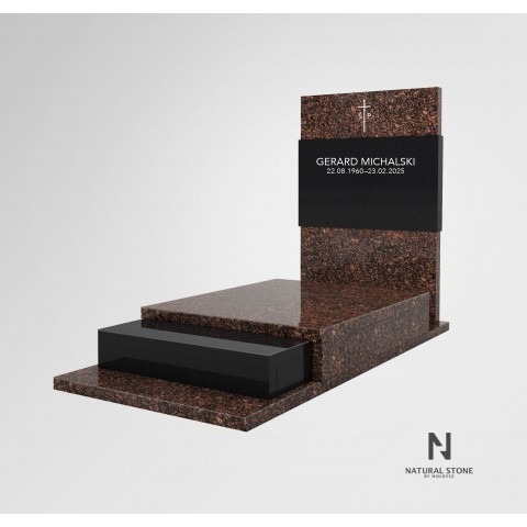 Kolekcja 2025 TAN&BROWN. Nagrobek granitowy z wstawką czarną Monumental oraz rdzawym granitem.