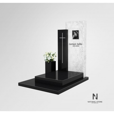 Nowoczesny nagrobek urnowy w kolorystyce bieli oraz czerni. Model U-18