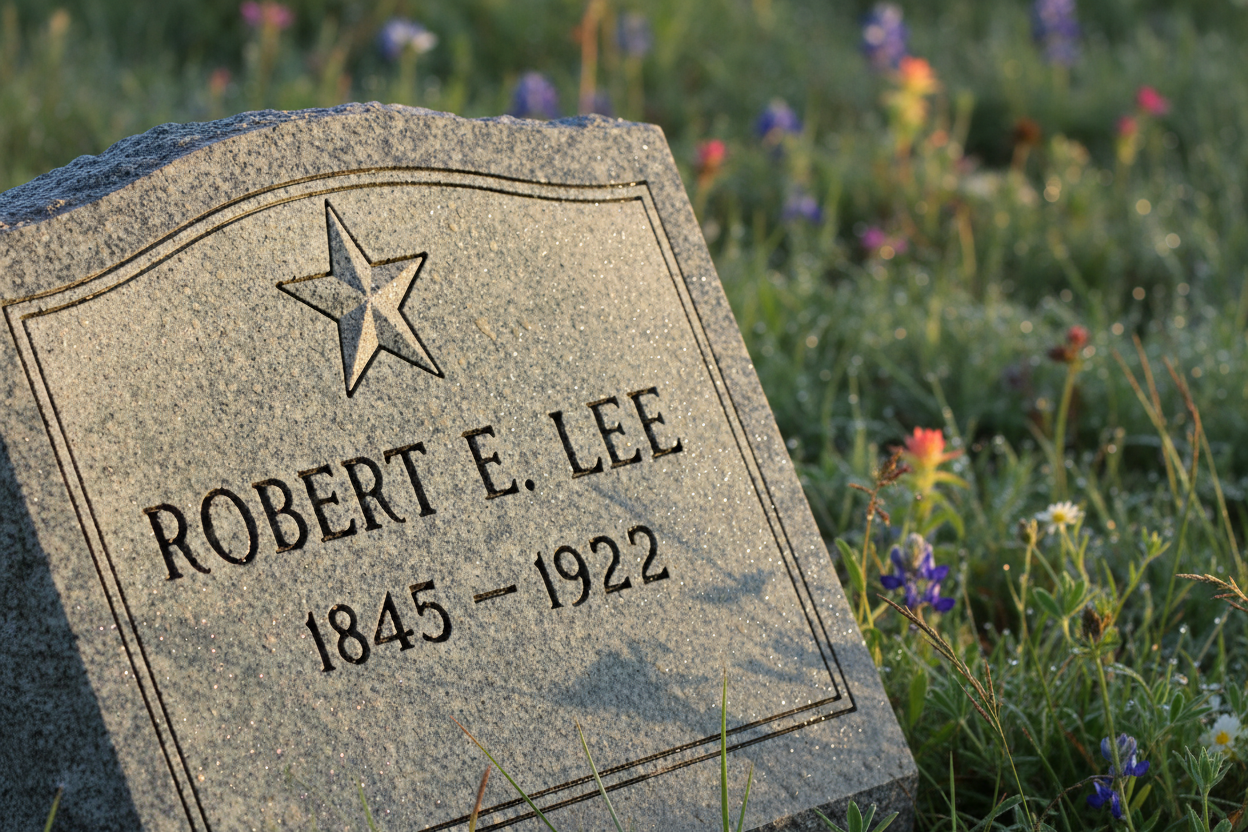 Granite headstone with morning dew