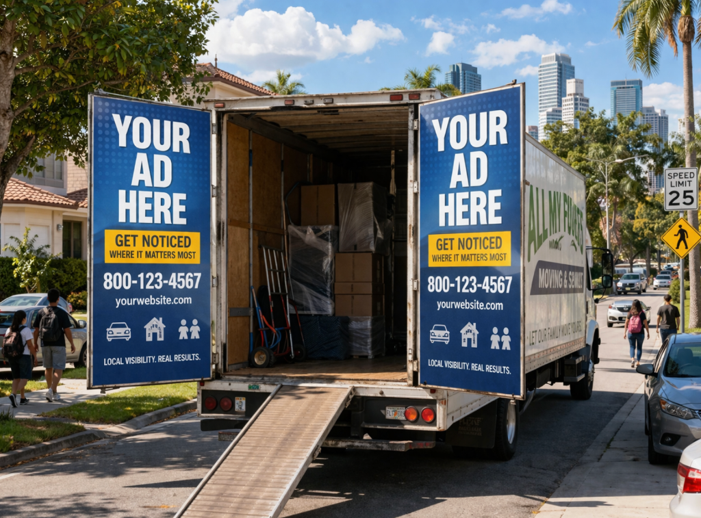 All My Sons truck with YOUR AD HERE panels parked on a residential street