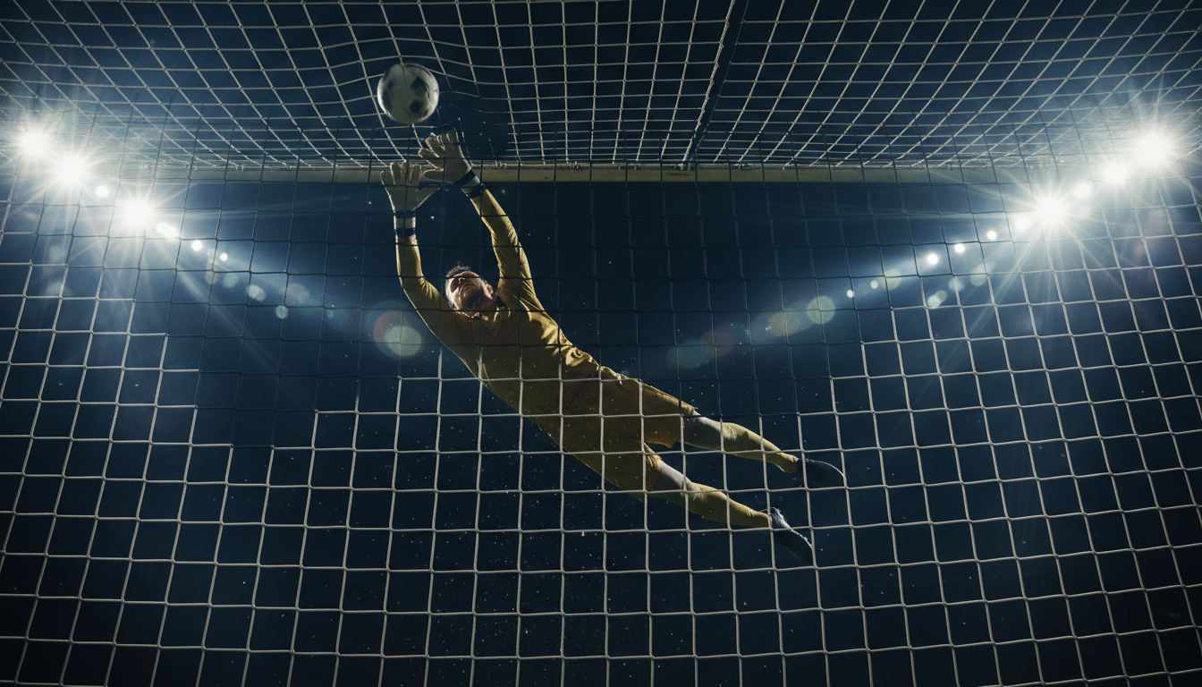 Goalkeeper making a fingertip save