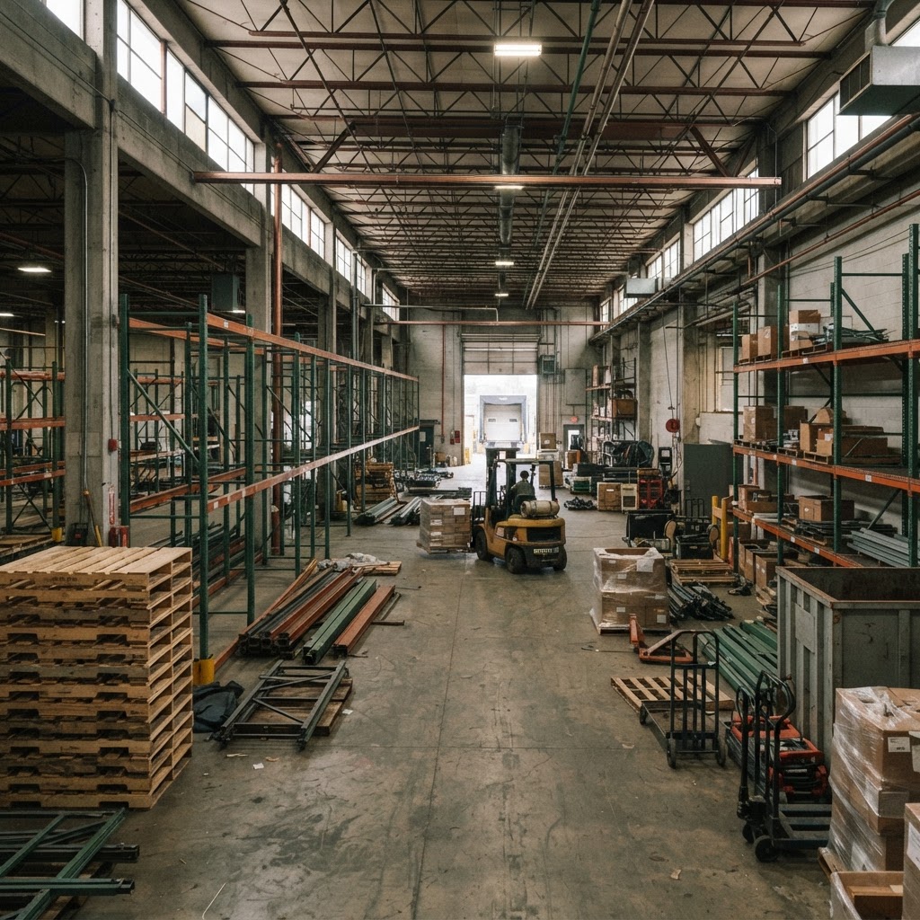 Industrial warehouse interior being cleared and decommissioned