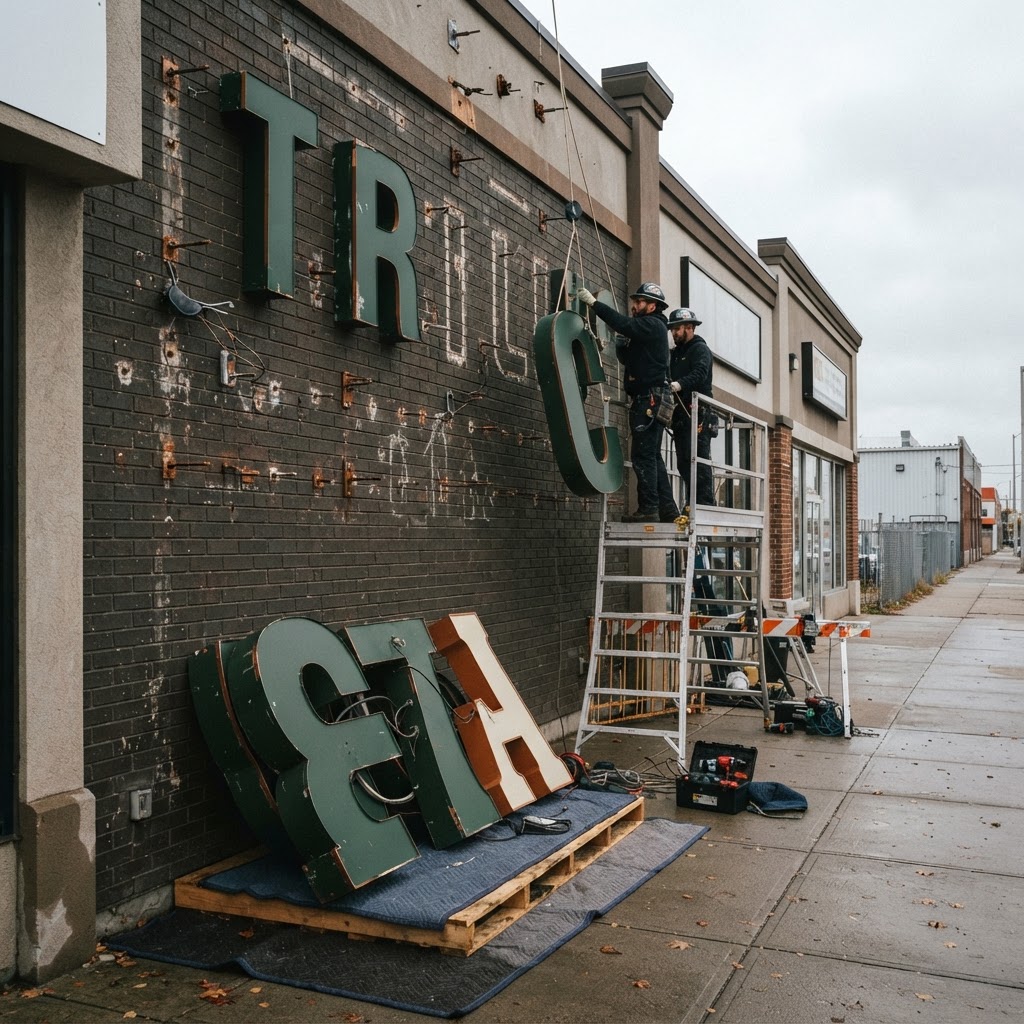 Signage Removal — Exterior commercial signage carefully detached.