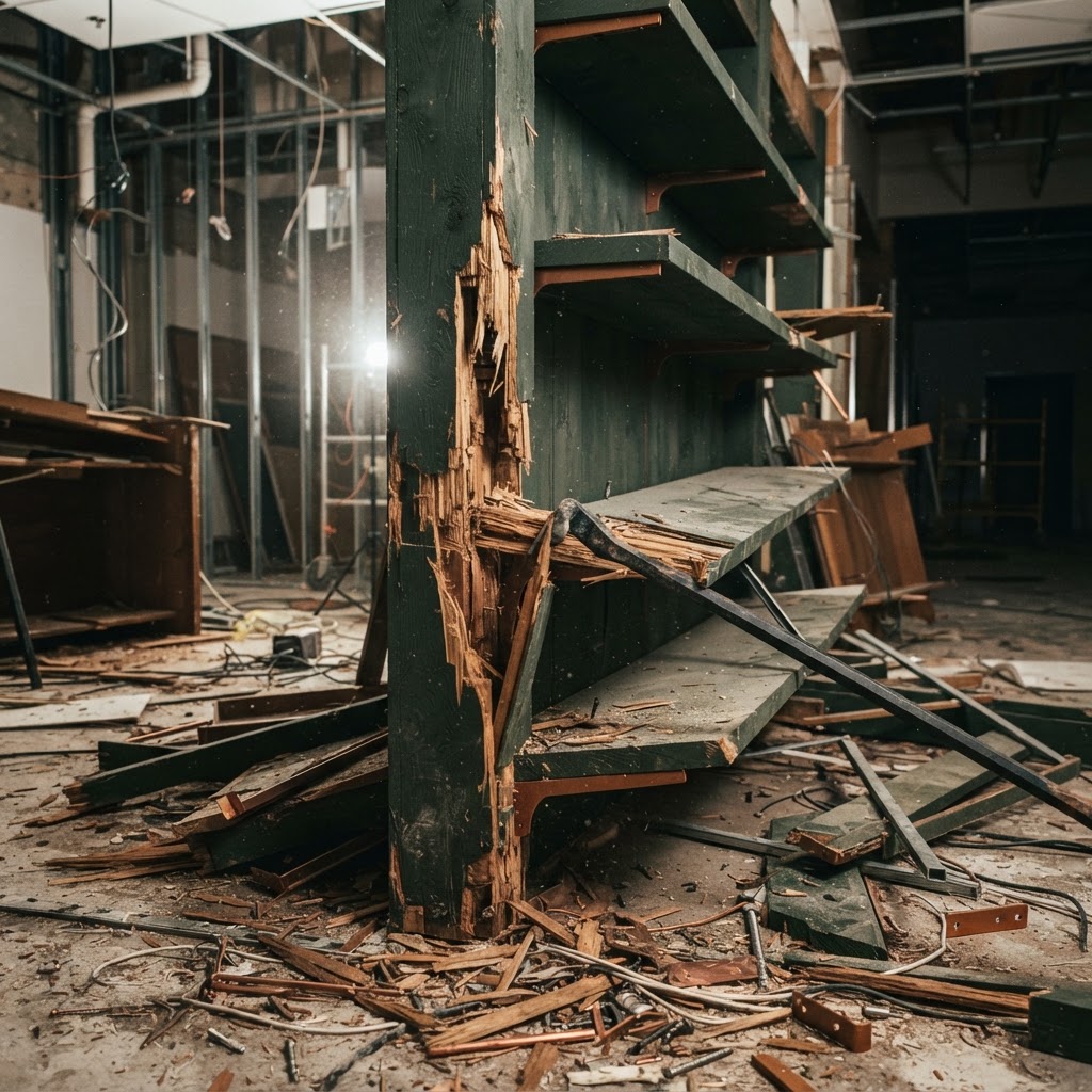 Fixture Demolition — Solid-wood wall fixtures broken down and removed.