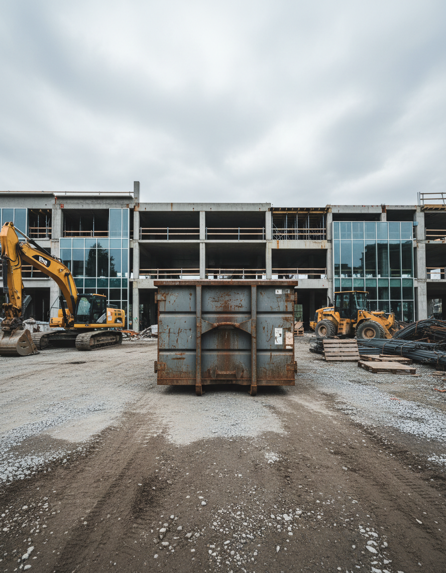 Commercial roll-off container at construction site