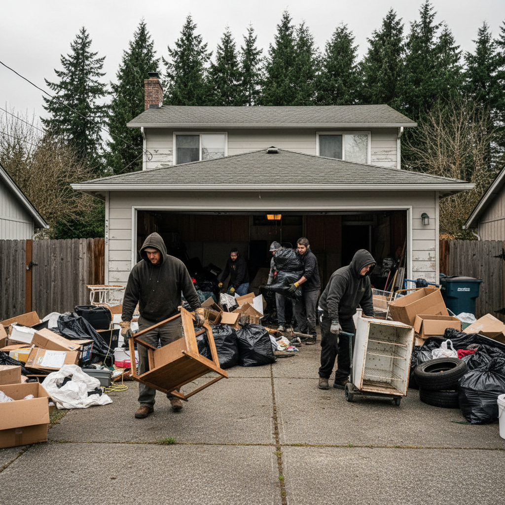 Property cleanout crew hauling debris from a rental house in Western Washington