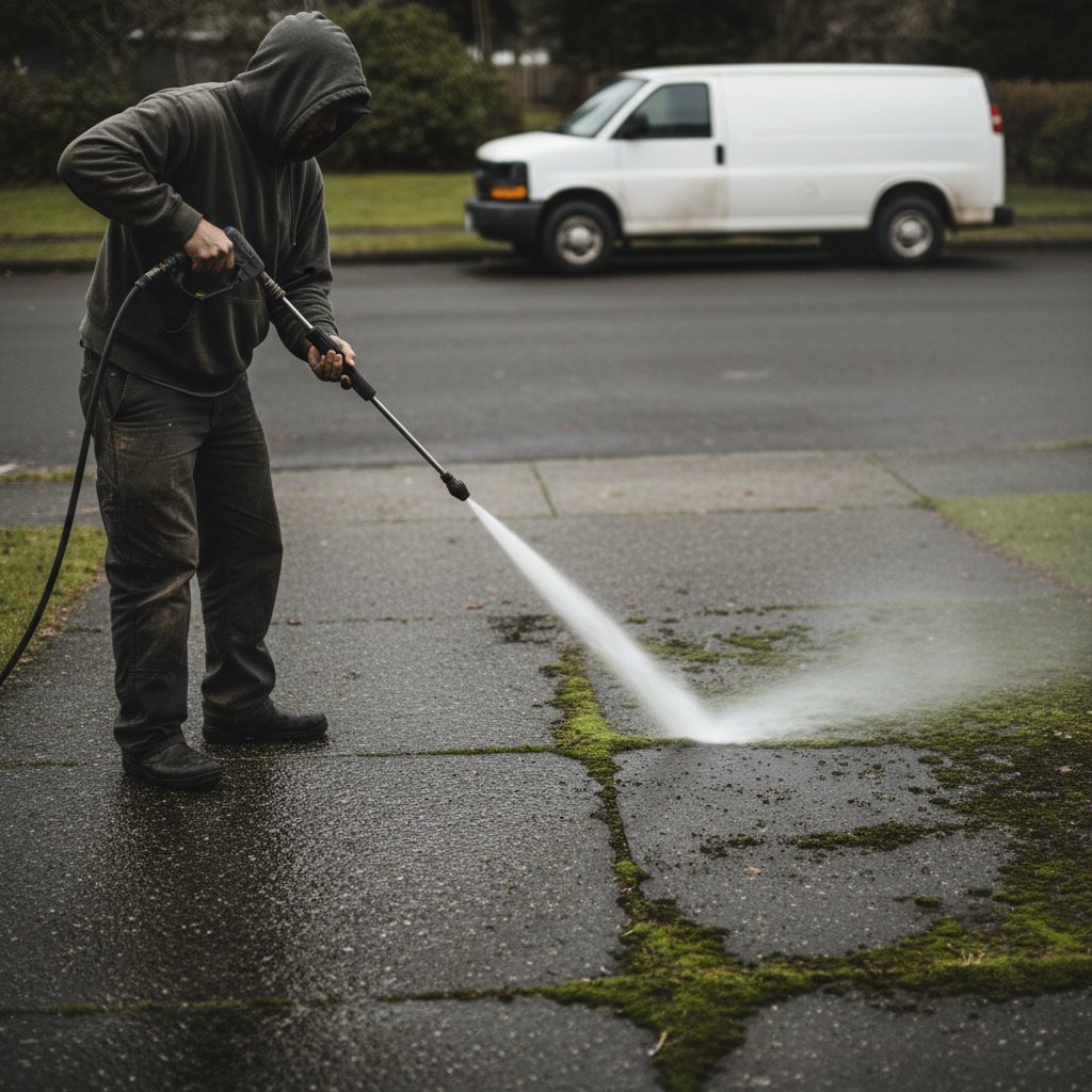 Pressure washing moss off a driveway in Western Washington