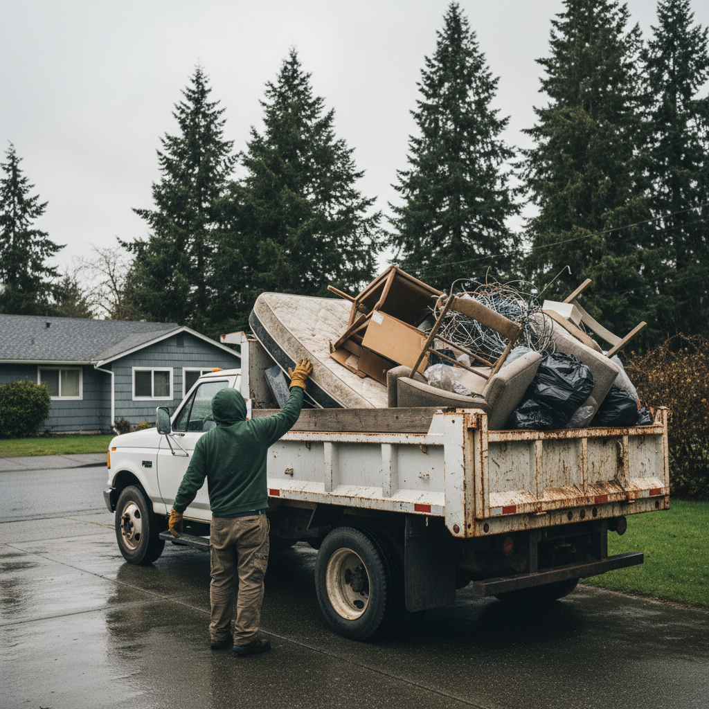 Rooted Hauling Co. truck loaded with junk and debris for removal in Western Washington