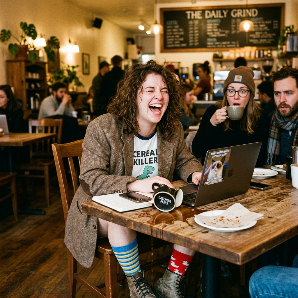Person laughing hysterically at their laptop in a coffee shop