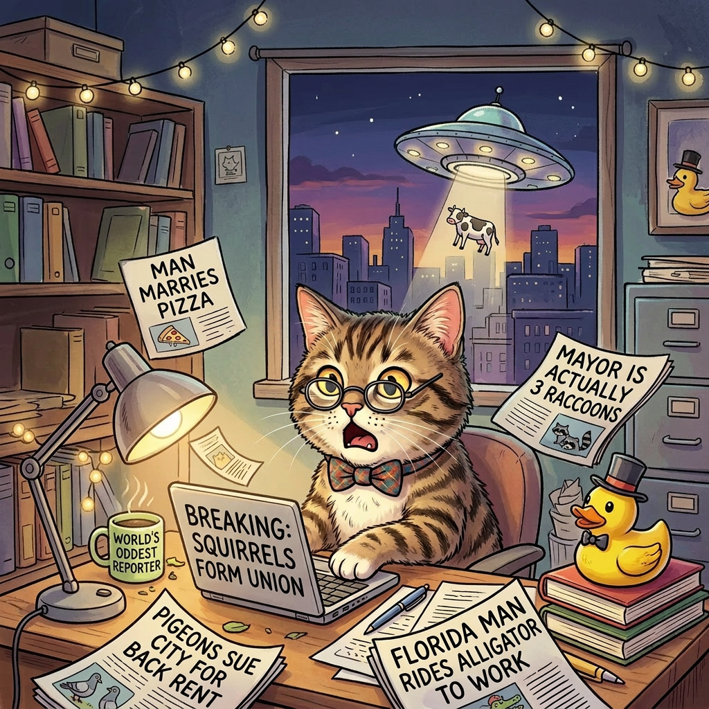 Funny cat reporter at a desk with bizarre headlines
