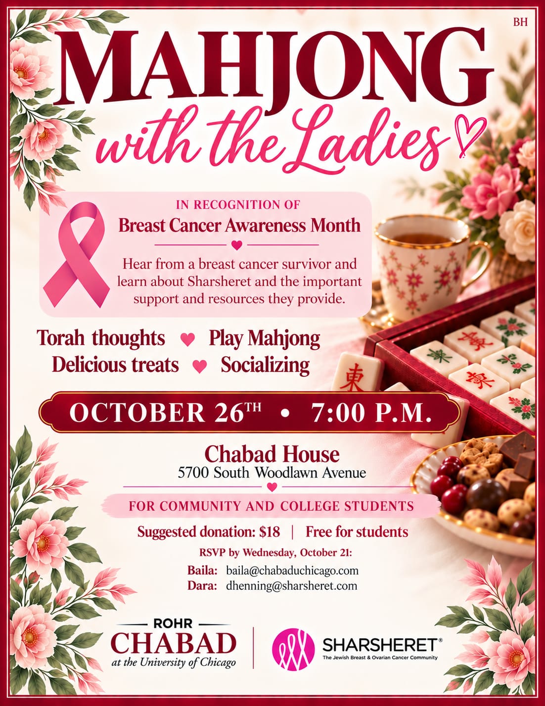 Mahjong with the Ladies flyer: Women's Circle event on October 26 at 7:00 PM at Chabad House, in recognition of Breast Cancer Awareness Month