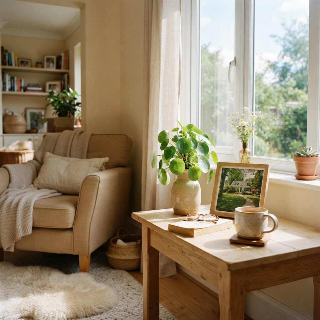 A warm, welcoming home with natural light, a window, a potted plant, and a framed photo of a home