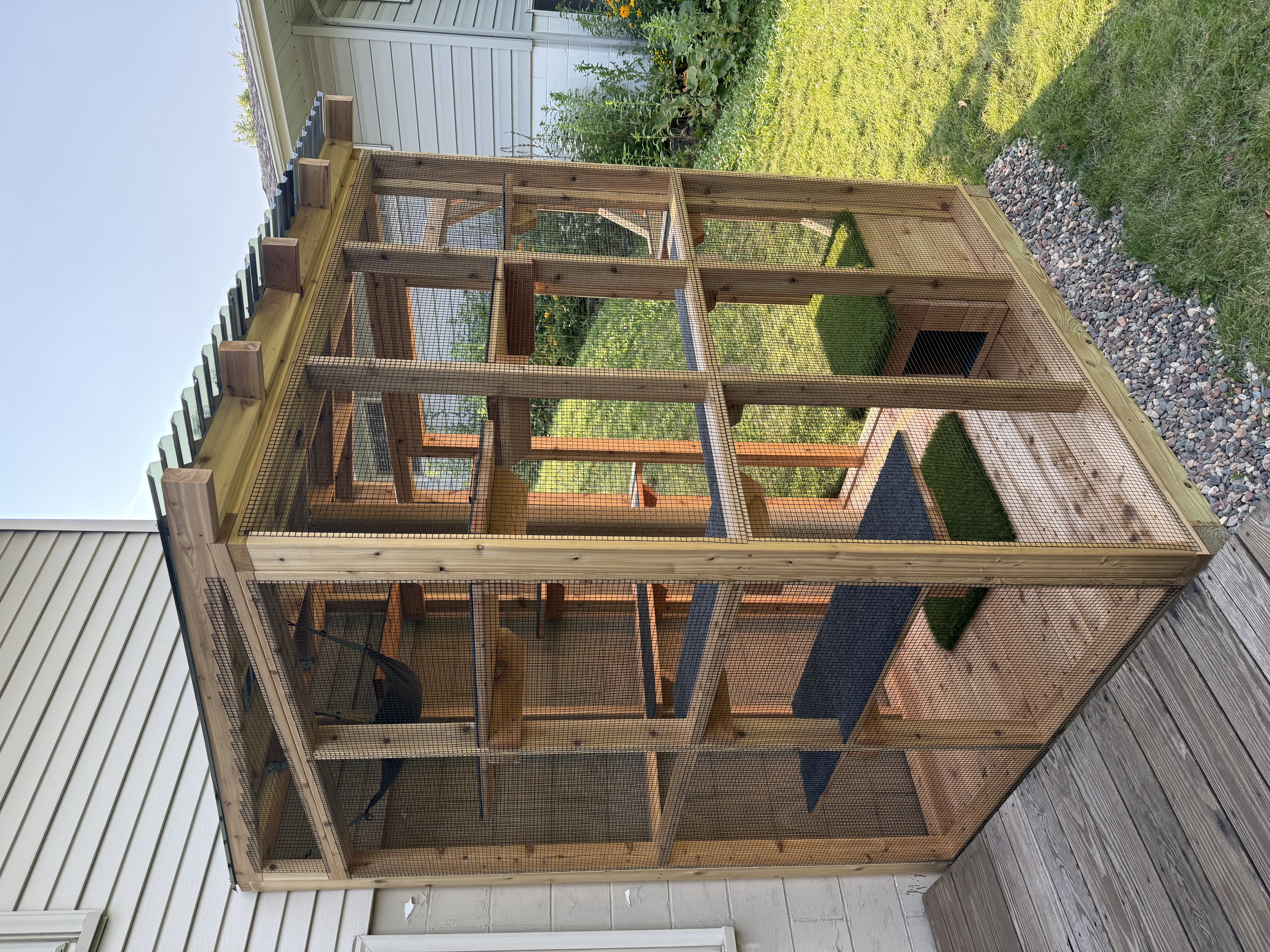 A handcrafted cedar catio with climbing shelves, hammock, and scratching post beside a house