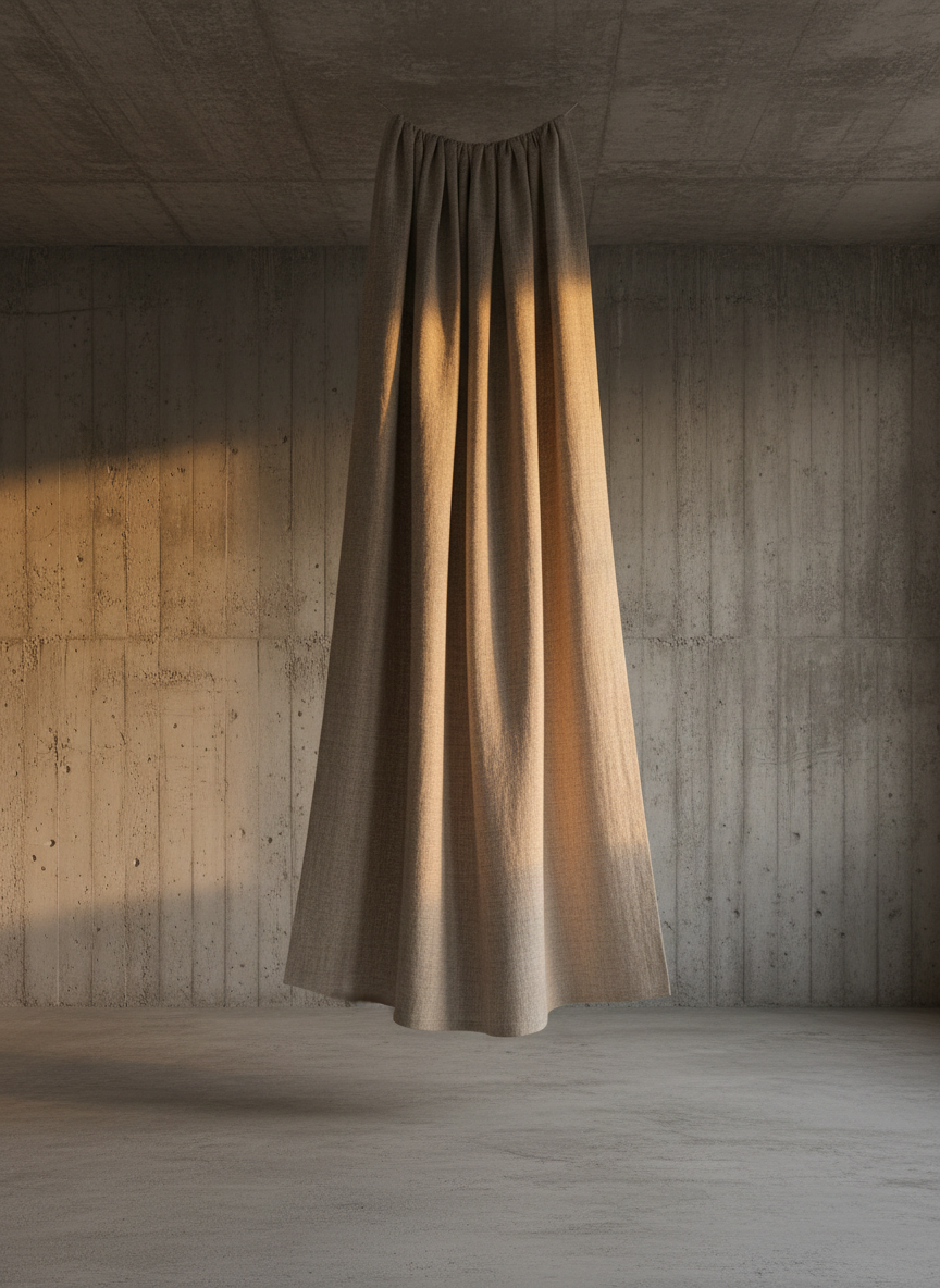Hemp textile draped in a brutalist room caught in golden sunlight