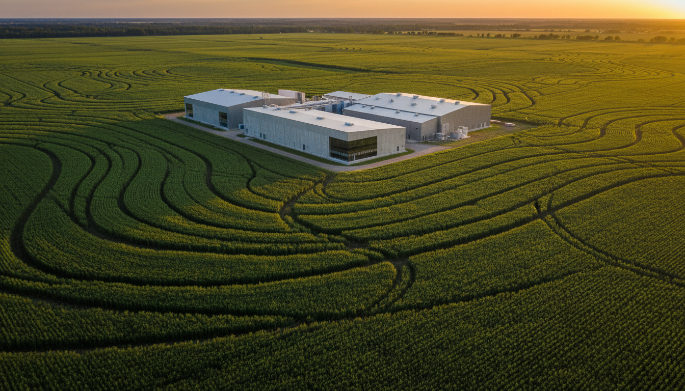 Aerial view of vast hemp fields at golden hour with industrial processing facility