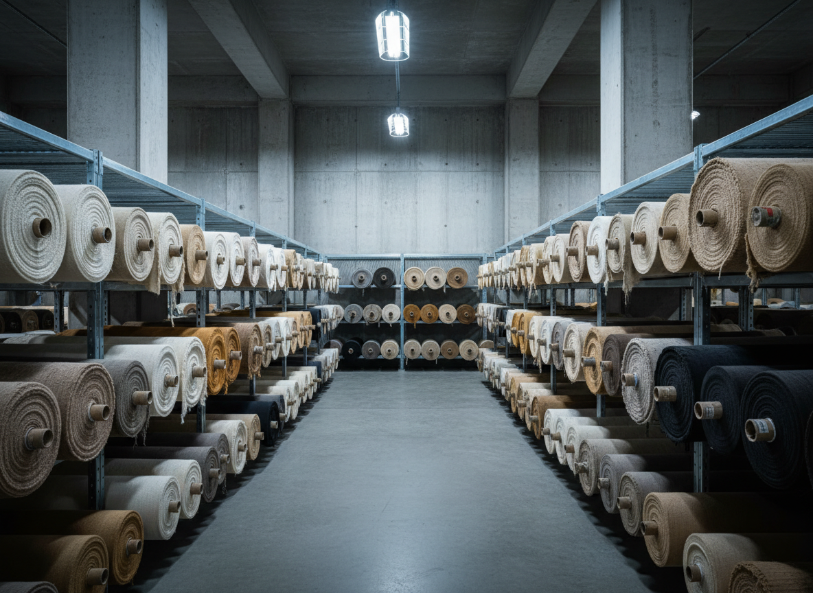 Premium hemp fabric rolls in an industrial warehouse