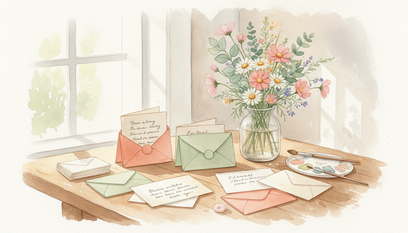 Handwritten cards and wildflowers on a cozy table