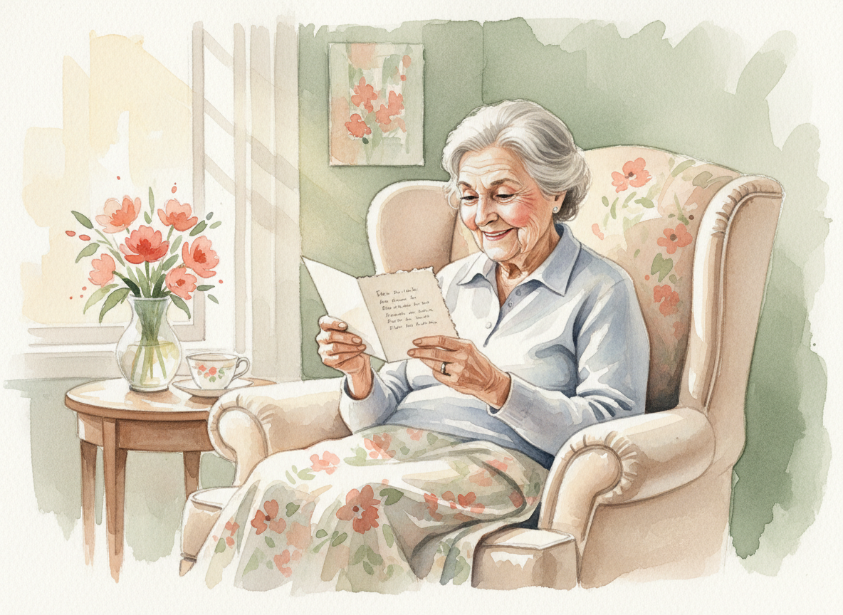 Elderly person smiling while reading a heartfelt card