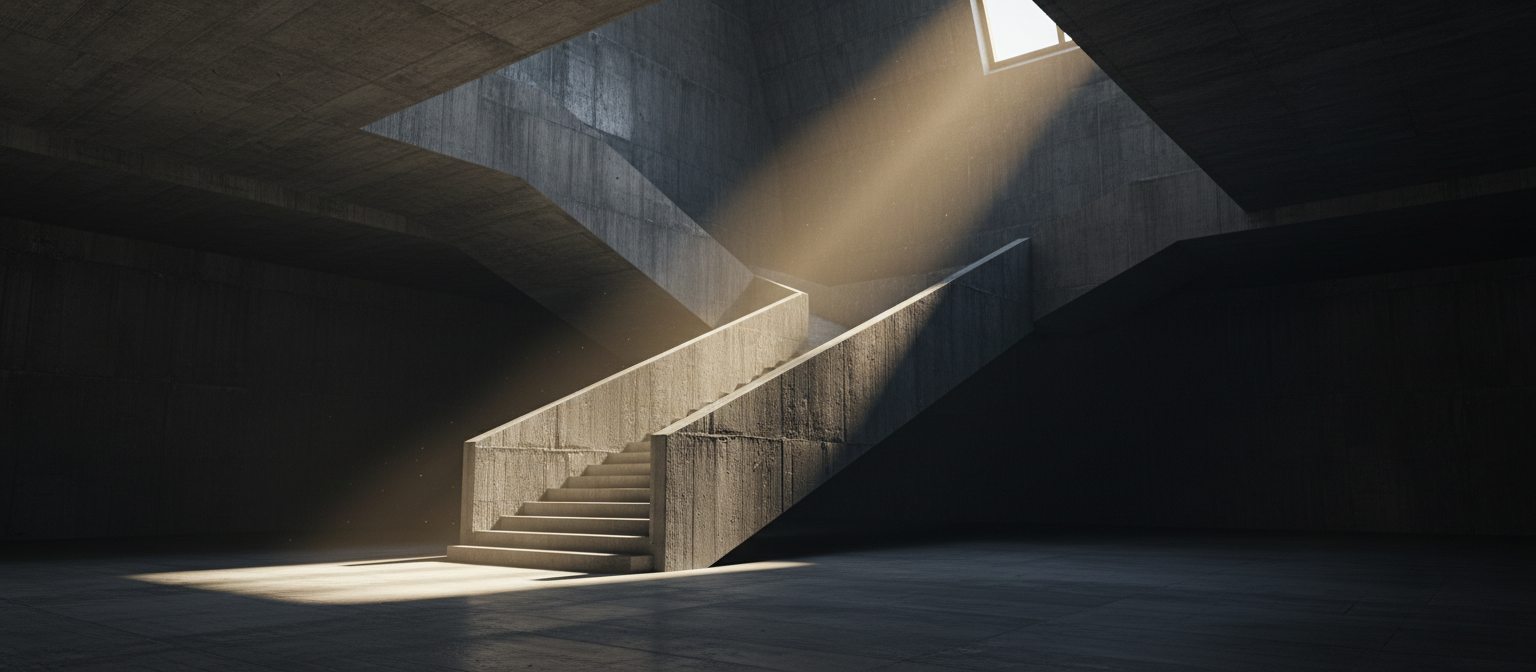 Dramatic light cutting through brutalist concrete architecture