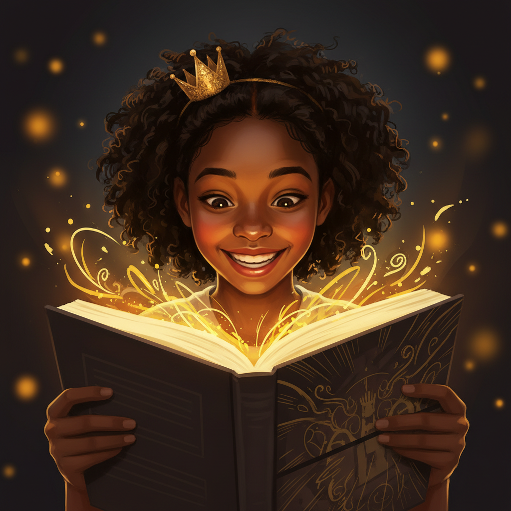 Young girl wearing a crown reading Princess Christianna's Adventure with golden light from the pages