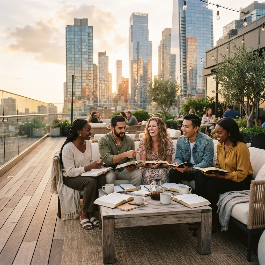Millennial women and men studying Bibles together on a golden-hour rooftop lounge