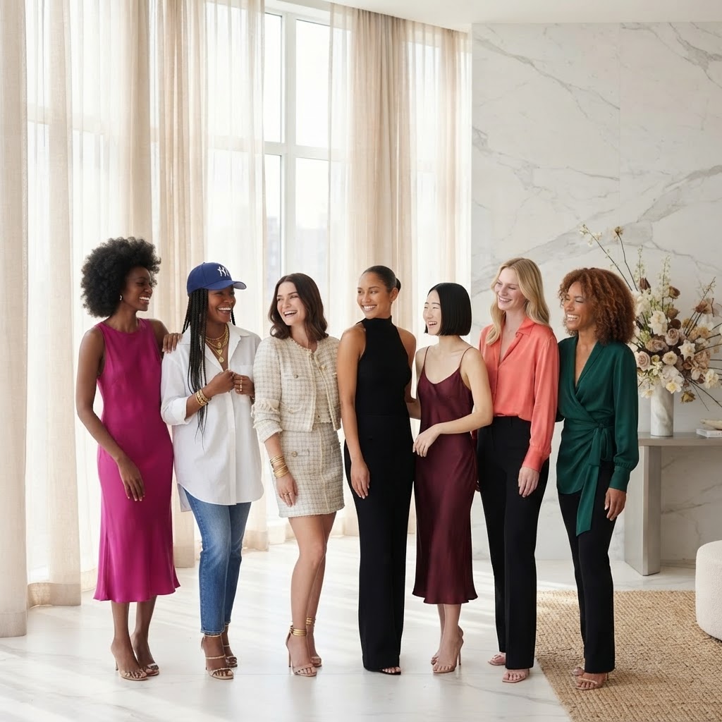 Diverse women in vibrant colorful outfits — silk dresses, a blue NYC cap with gold jewelry, a white and gold jacket — sharing testimonies with joy