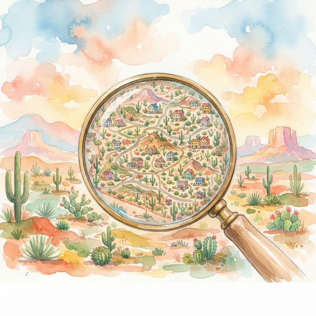 Illustration of a magnifying glass exploring a colorful Arizona care map