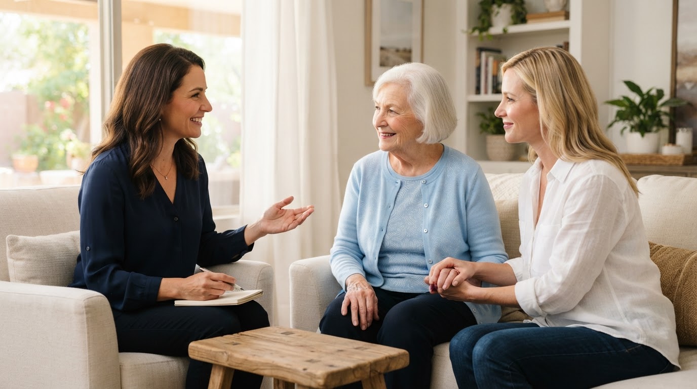 A senior care advisor talking with an older woman and her adult daughter