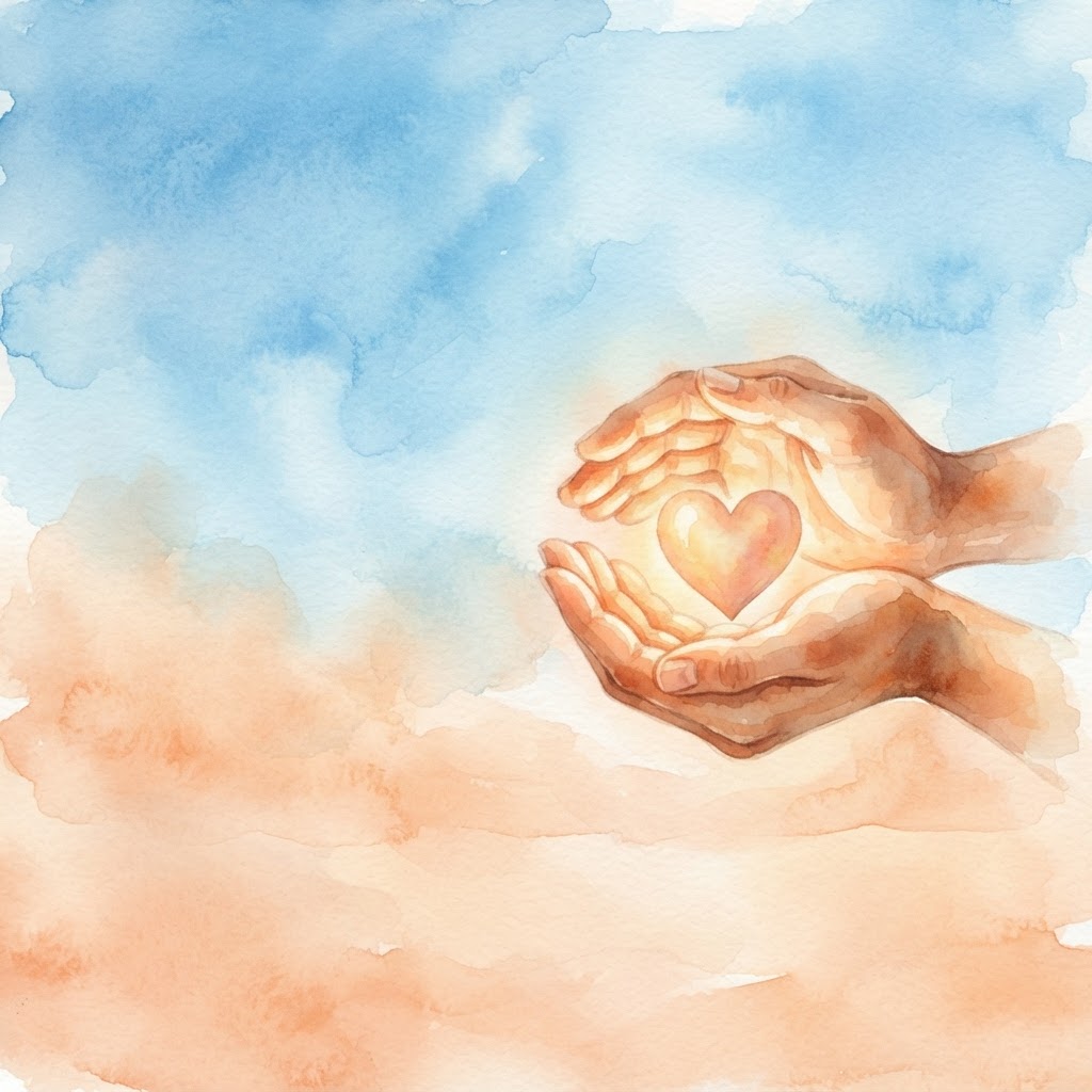 Illustration of two hands holding a glowing heart, symbolizing connection with vetted caregivers